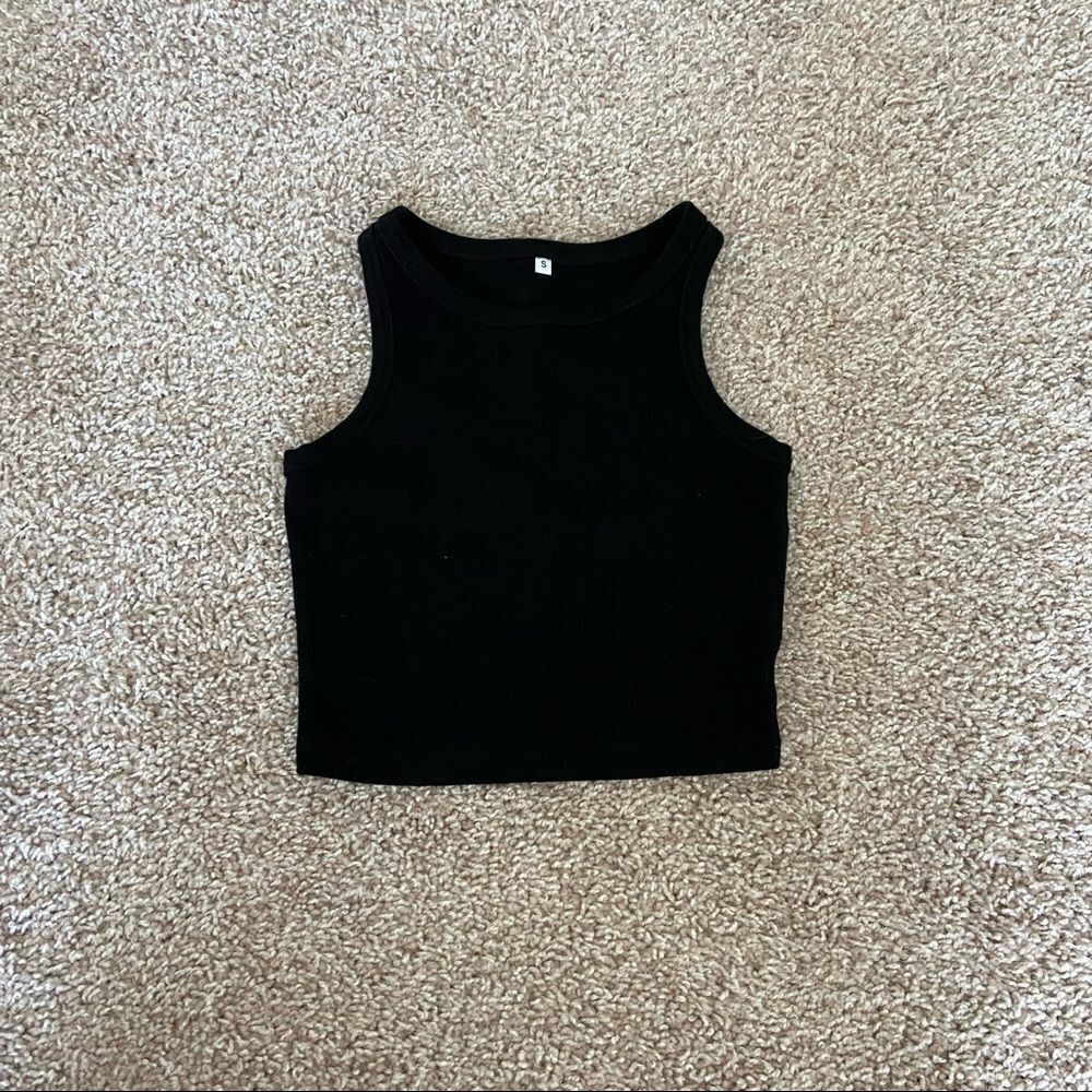 Black Ribbed High Neck Crop Top